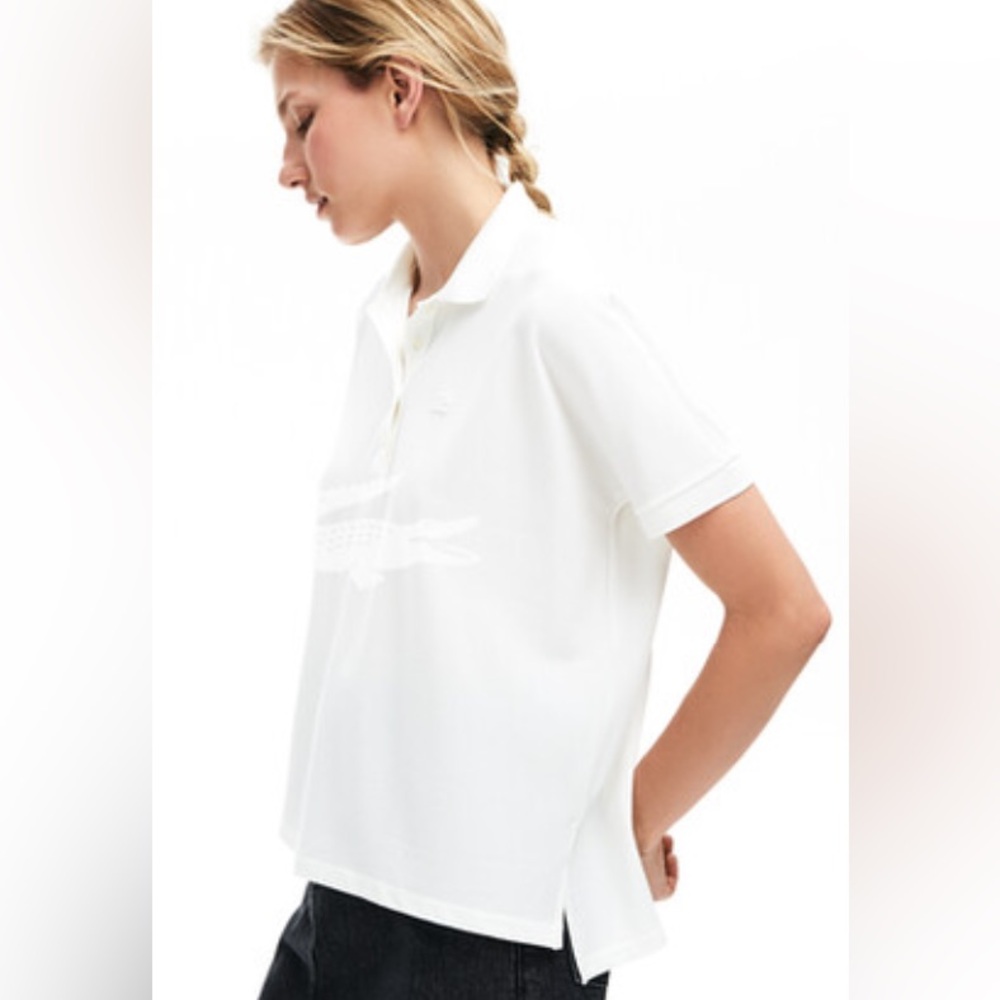 Lacoste White Boxy Fit Fluid Polo with Longer Back. size M - Picture 4 of 5